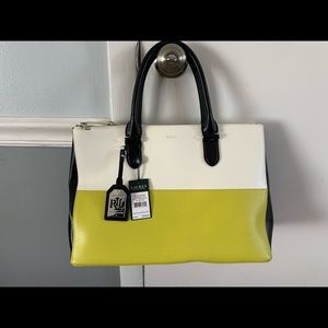 Lauren Ralph Lauren Newbury Tricolor Neon Green White Double Zip Satchel Large